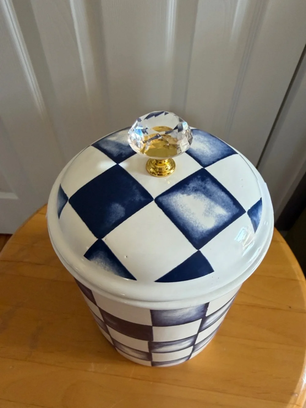 Blue & White Checkered Ceramic Canister with Clear Knob on Lid